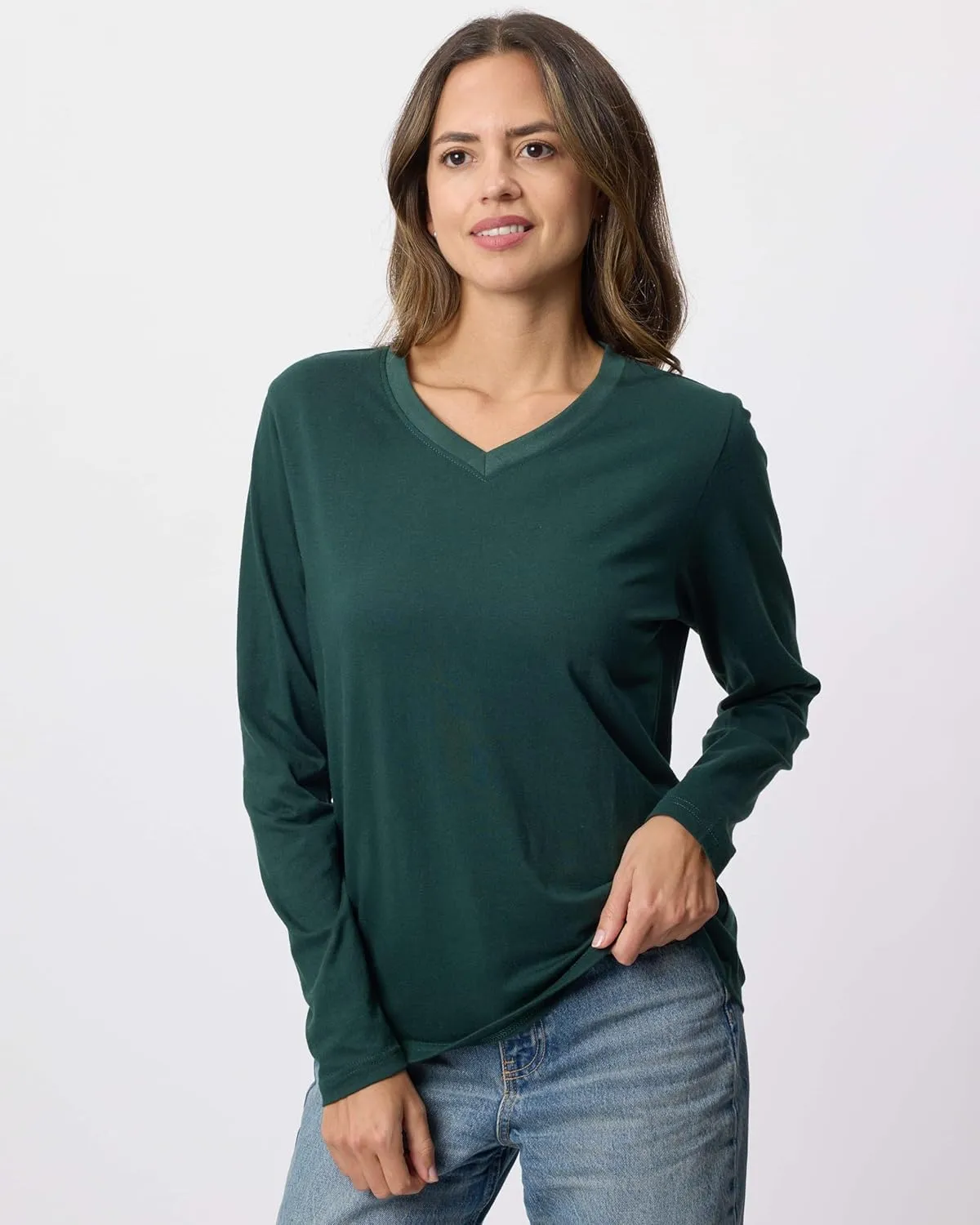 Real Essentials 4 Pack: Women's V-Neck Cotton Long-Sleeve T-Shirt (Available in Plus Size)