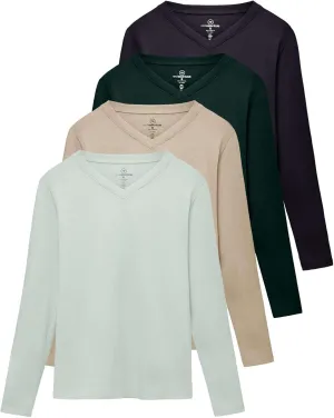 Real Essentials 4 Pack: Women's V-Neck Cotton Long-Sleeve T-Shirt (Available in Plus Size)