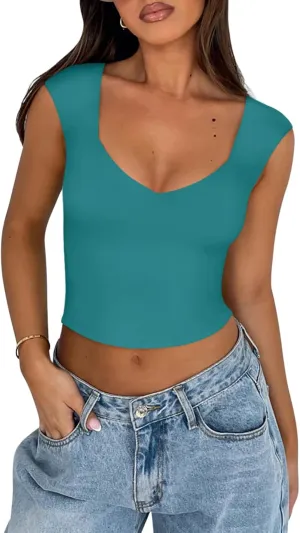 REORIA Women's Trendy Butsmooth Sexy Casual V Neck Double Lined Sleeveless Slimming Going Out Crop Tank Top