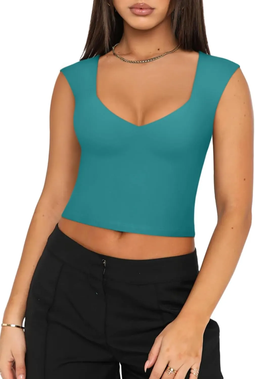 REORIA Women's Trendy Butsmooth Sexy Casual V Neck Double Lined Sleeveless Slimming Going Out Crop Tank Top