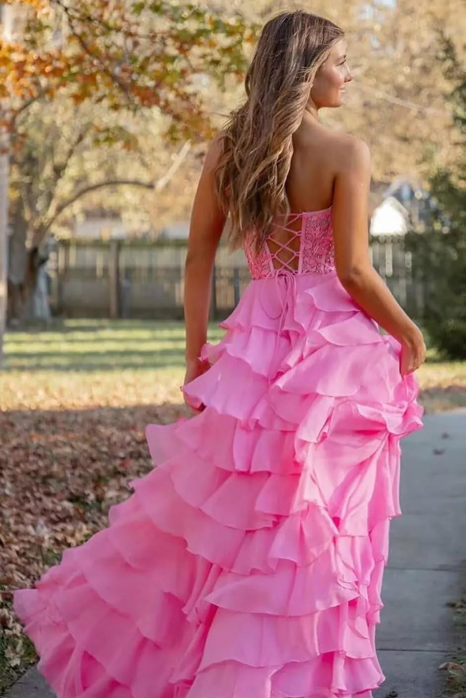 Ruffle Tiered Prom Dress for Women Chiffon Layered Lace Corset Evening Party Gowns with Slit