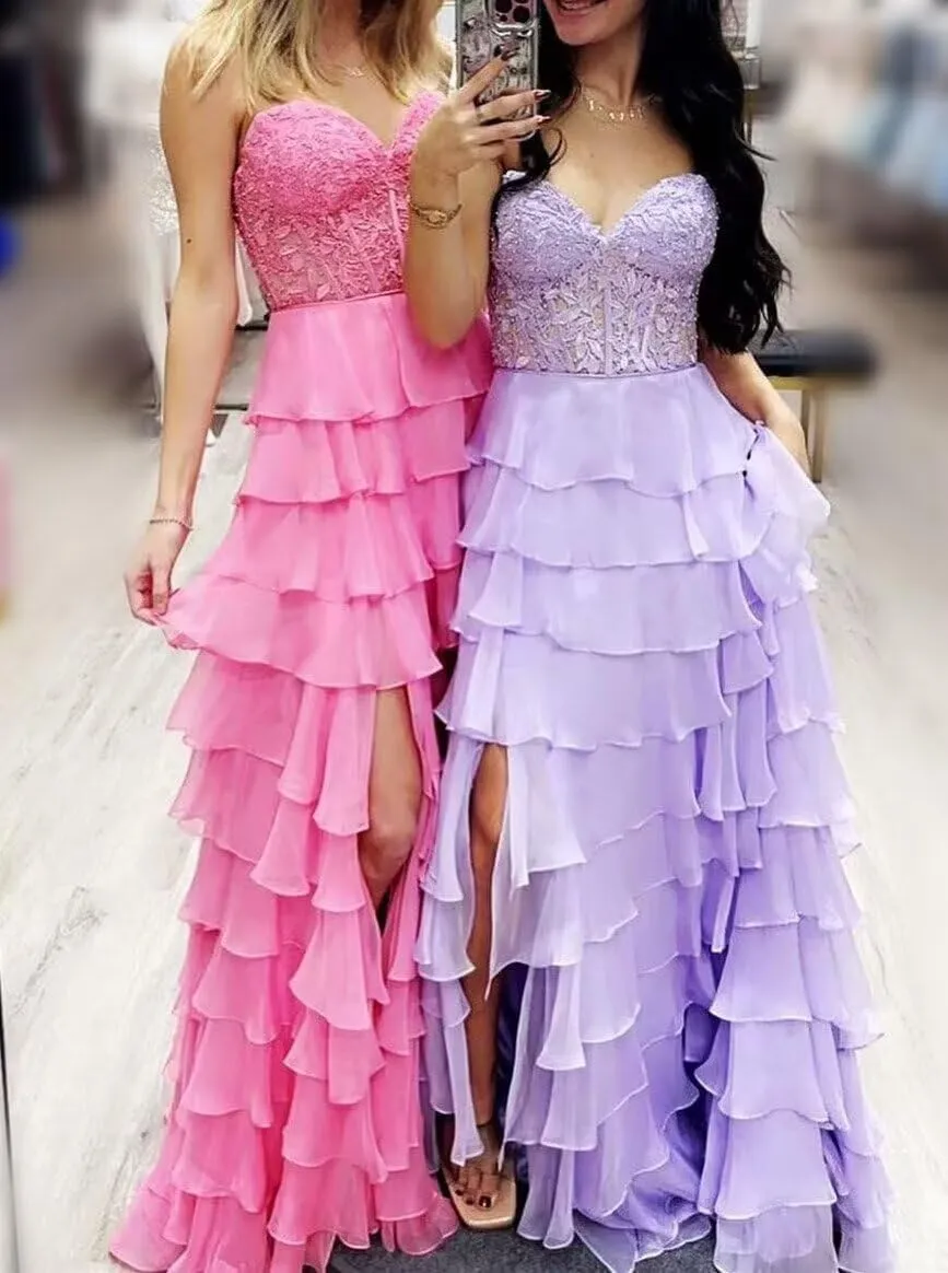 Ruffle Tiered Prom Dress for Women Chiffon Layered Lace Corset Evening Party Gowns with Slit