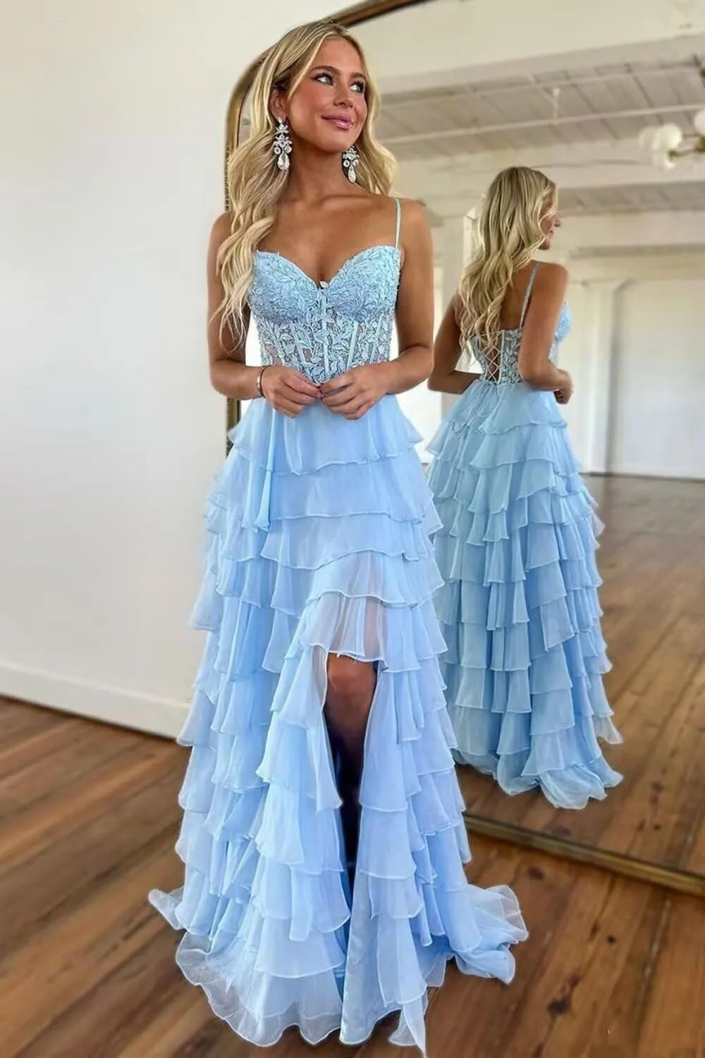 Ruffle Tiered Prom Dress for Women Chiffon Layered Lace Corset Evening Party Gowns with Slit