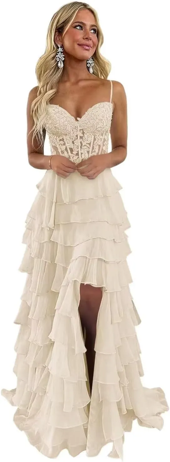 Ruffle Tiered Prom Dress for Women Chiffon Layered Lace Corset Evening Party Gowns with Slit