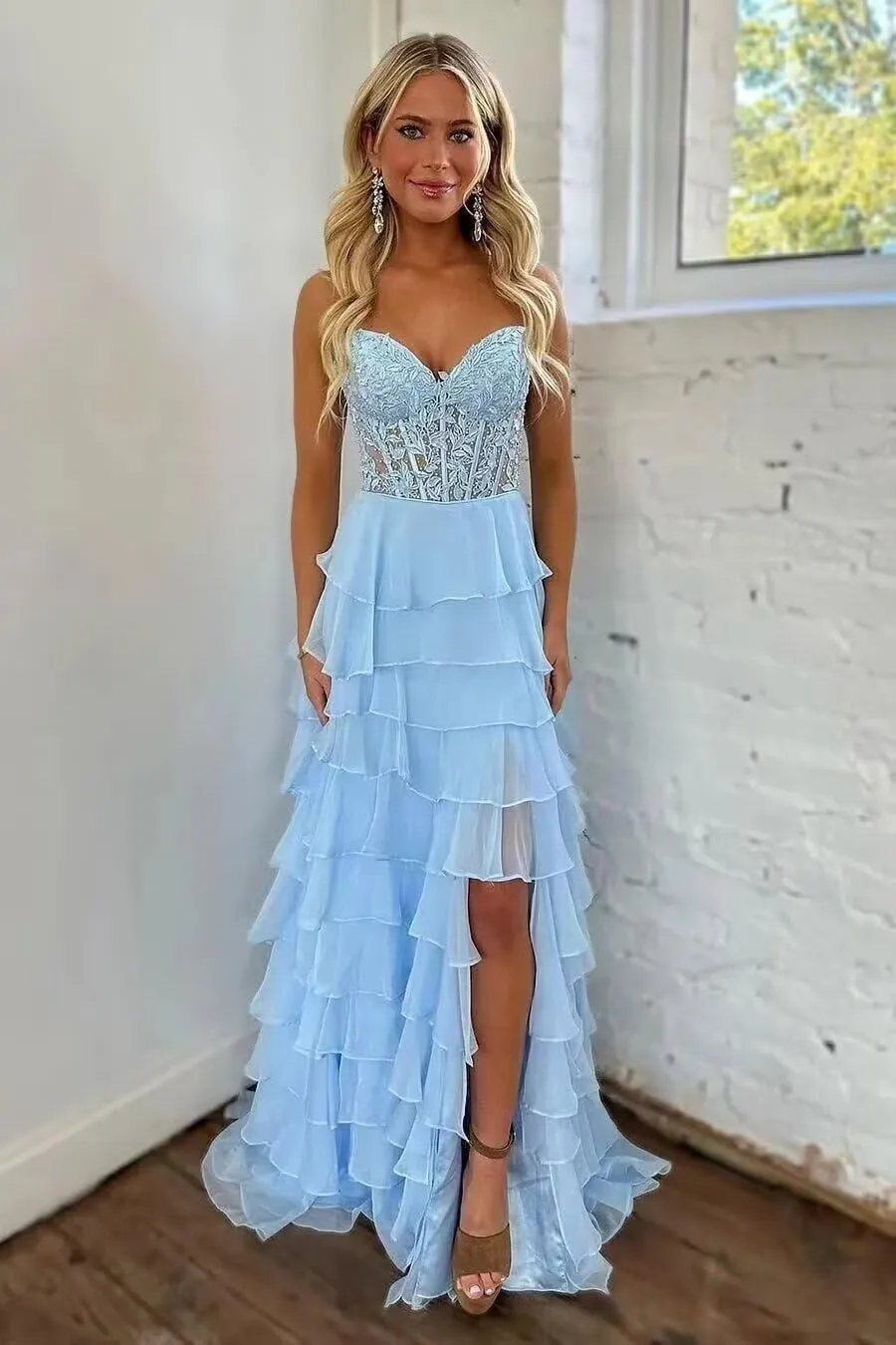 Ruffle Tiered Prom Dress for Women Chiffon Layered Lace Corset Evening Party Gowns with Slit
