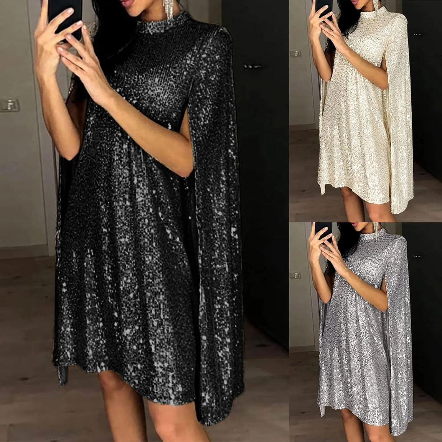 Rvidbe Women Sequin Midi Dress 2024 Fashion Casual Long Sleeve Sparkly Dress Wedding Guest Plus Size Formal Sexy Club Dresses