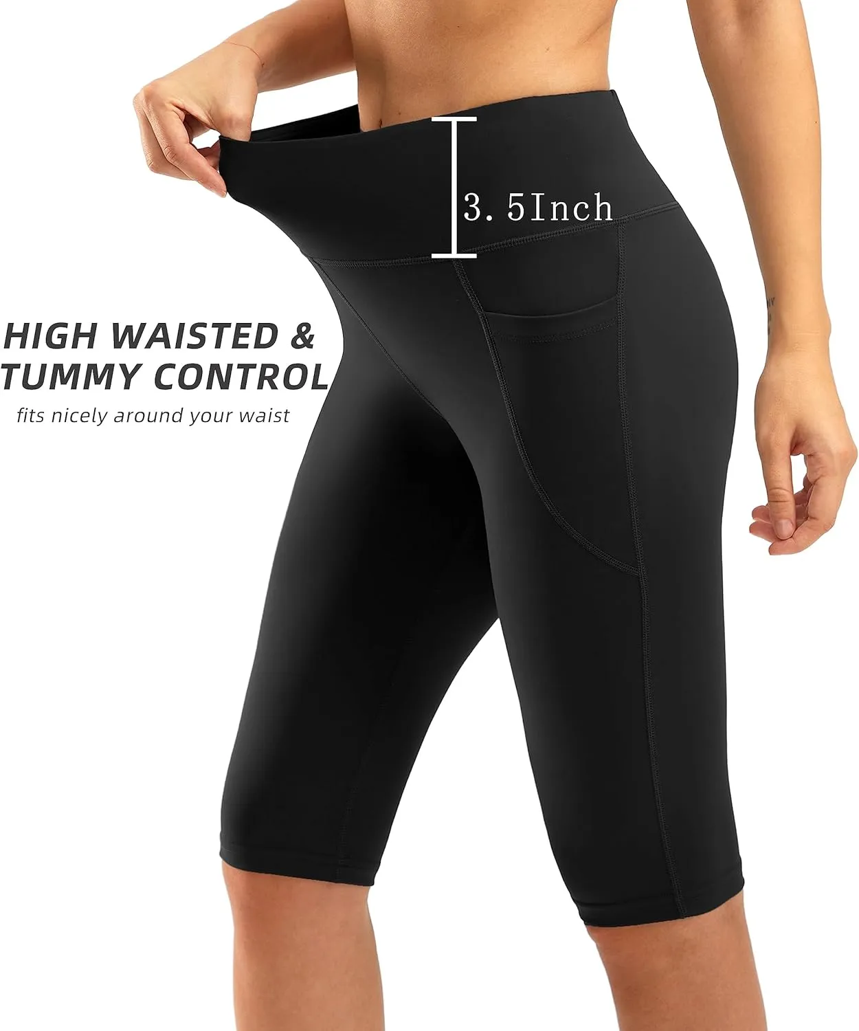 SANTINY Women's Knee Length Capri Leggings with Pockets High Waisted Workout Exercise Yoga Capris Pants for Women