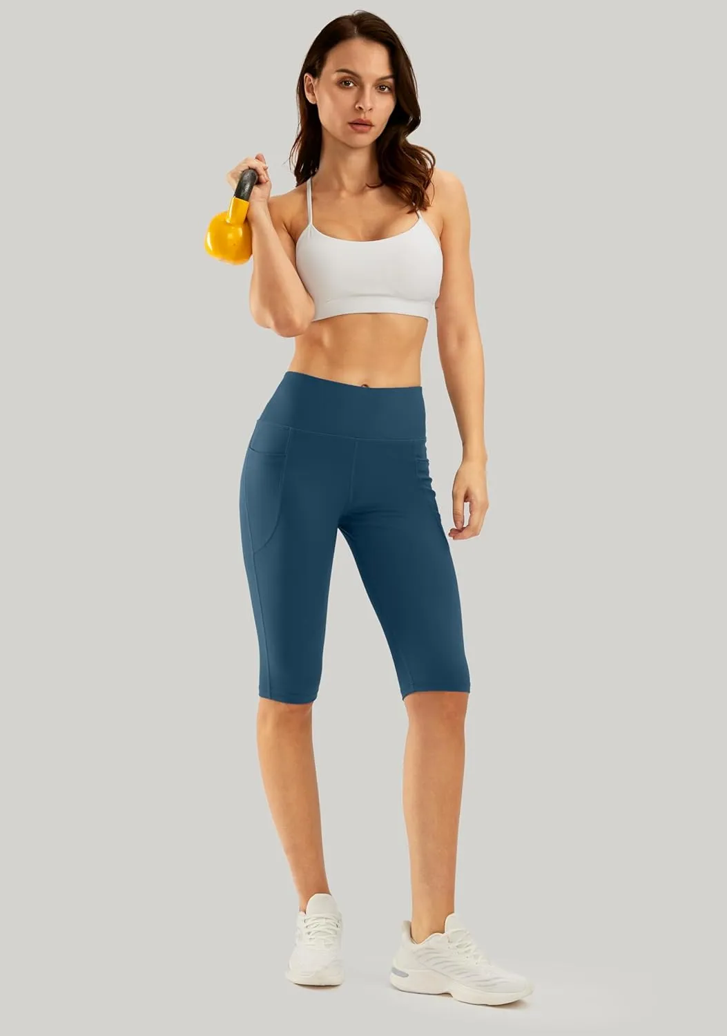 SANTINY Women's Knee Length Capri Leggings with Pockets High Waisted Workout Exercise Yoga Capris Pants for Women