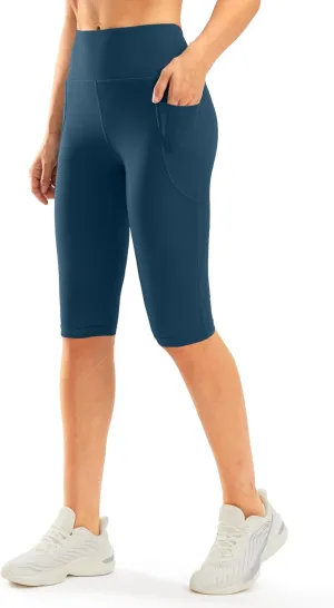 SANTINY Women's Knee Length Capri Leggings with Pockets High Waisted Workout Exercise Yoga Capris Pants for Women