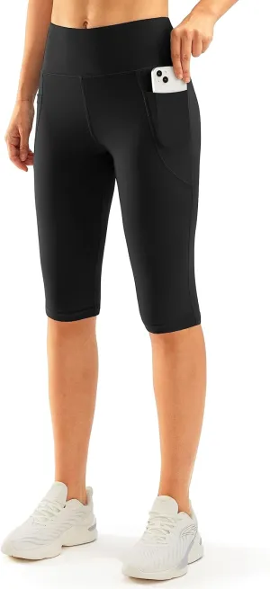 SANTINY Women's Knee Length Capri Leggings with Pockets High Waisted Workout Exercise Yoga Capris Pants for Women