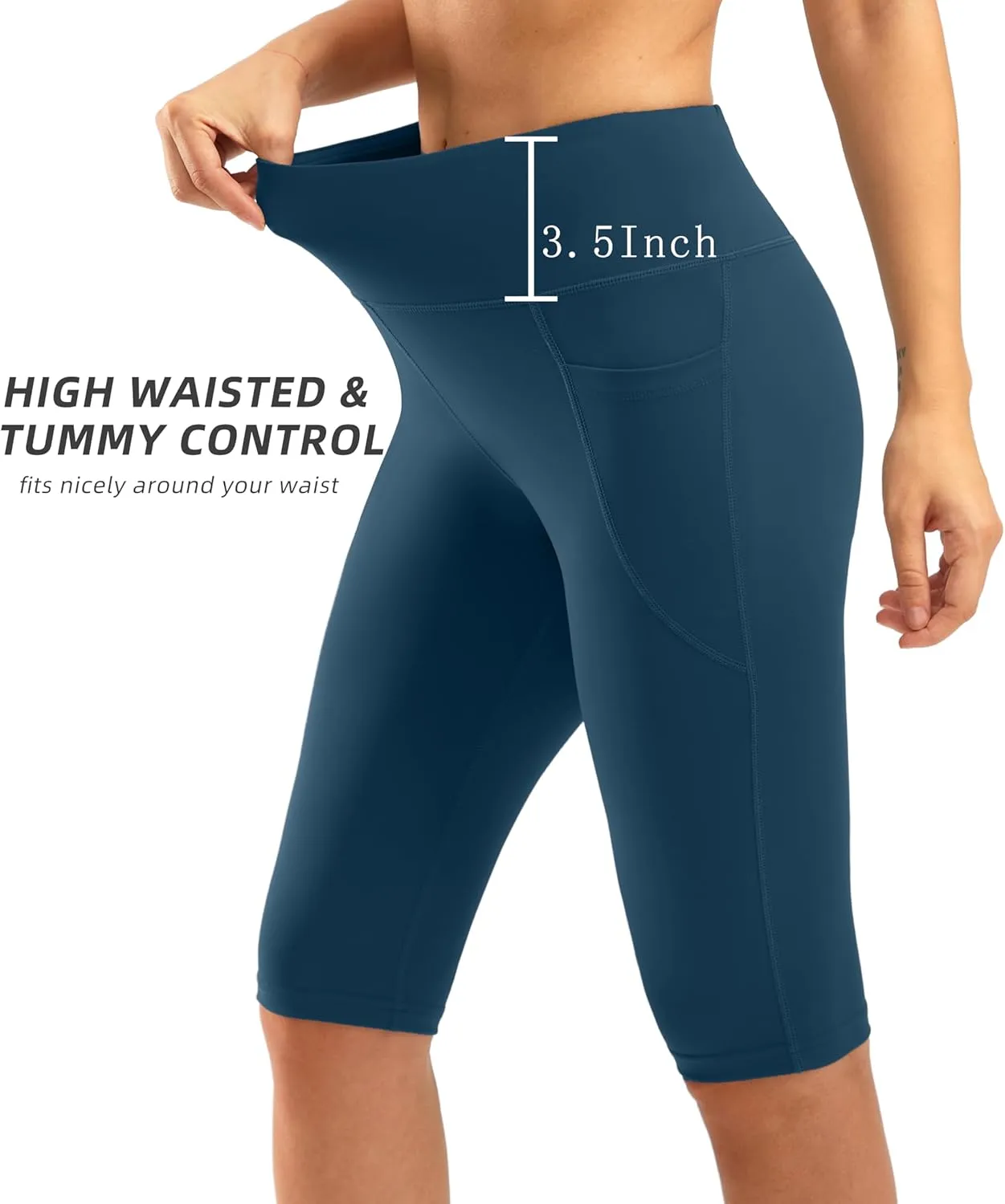 SANTINY Women's Knee Length Capri Leggings with Pockets High Waisted Workout Exercise Yoga Capris Pants for Women