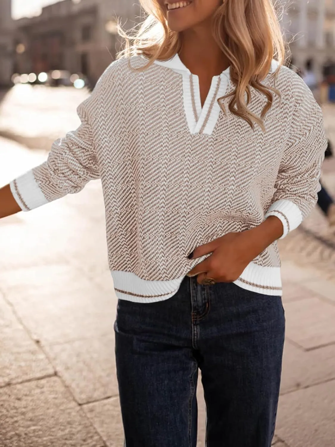 Saodimallsu Womens Fall Sweaters Tops Lapel V Neck Knit Sweater Color Block Long Sleeve Casual Soft Pullover Shirt