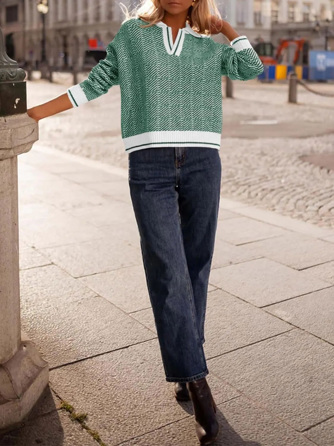 Saodimallsu Womens Fall Sweaters Tops Lapel V Neck Knit Sweater Color Block Long Sleeve Casual Soft Pullover Shirt
