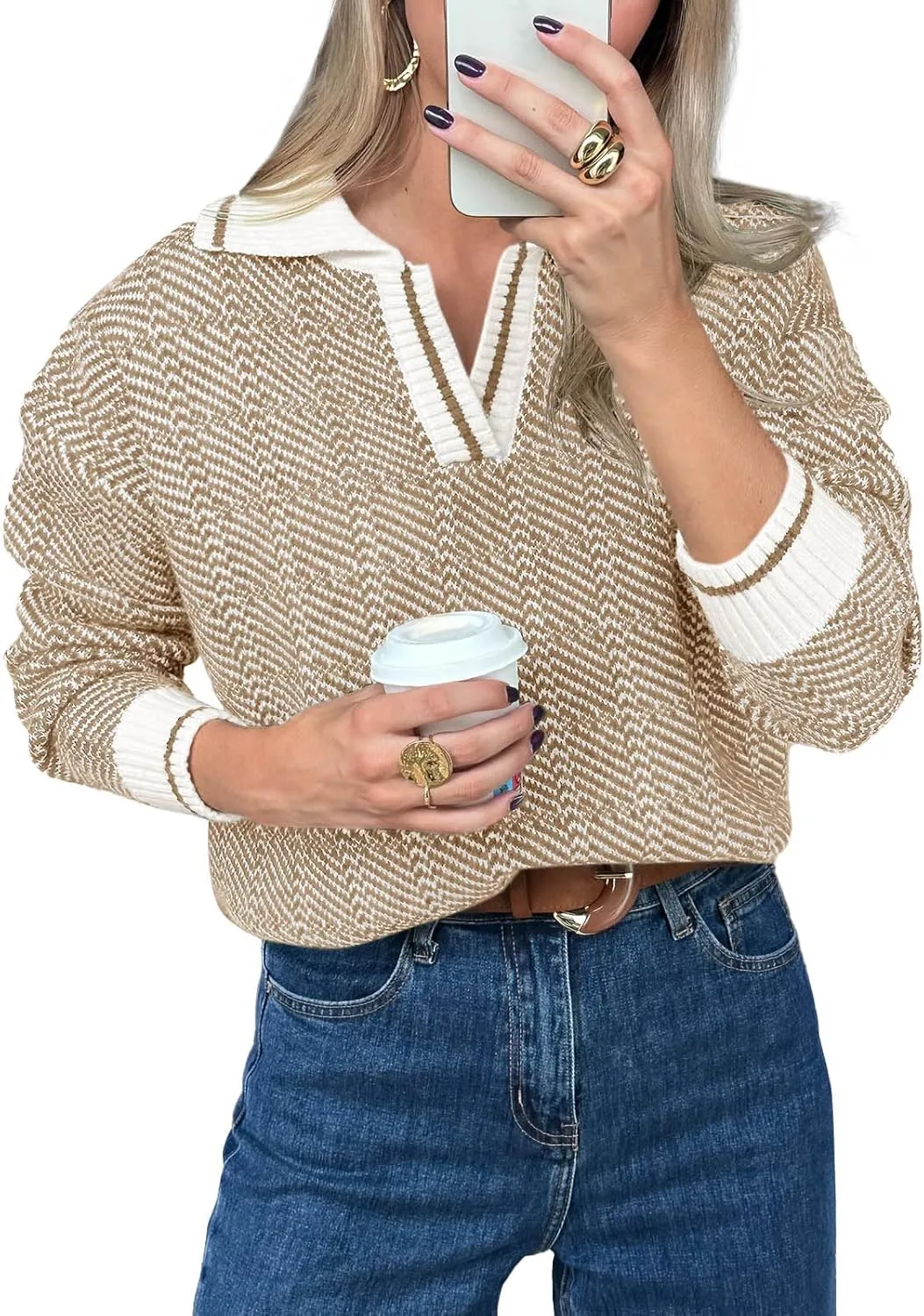 Saodimallsu Womens Fall Sweaters Tops Lapel V Neck Knit Sweater Color Block Long Sleeve Casual Soft Pullover Shirt