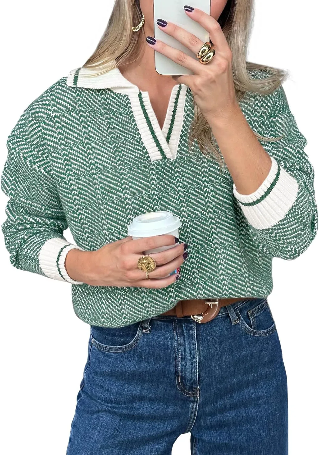 Saodimallsu Womens Fall Sweaters Tops Lapel V Neck Knit Sweater Color Block Long Sleeve Casual Soft Pullover Shirt