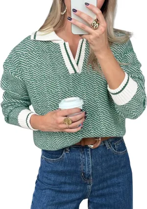Saodimallsu Womens Fall Sweaters Tops Lapel V Neck Knit Sweater Color Block Long Sleeve Casual Soft Pullover Shirt