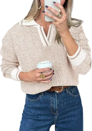 Saodimallsu Womens Fall Sweaters Tops Lapel V Neck Knit Sweater Color Block Long Sleeve Casual Soft Pullover Shirt