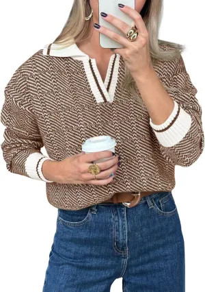 Saodimallsu Womens Fall Sweaters Tops Lapel V Neck Knit Sweater Color Block Long Sleeve Casual Soft Pullover Shirt