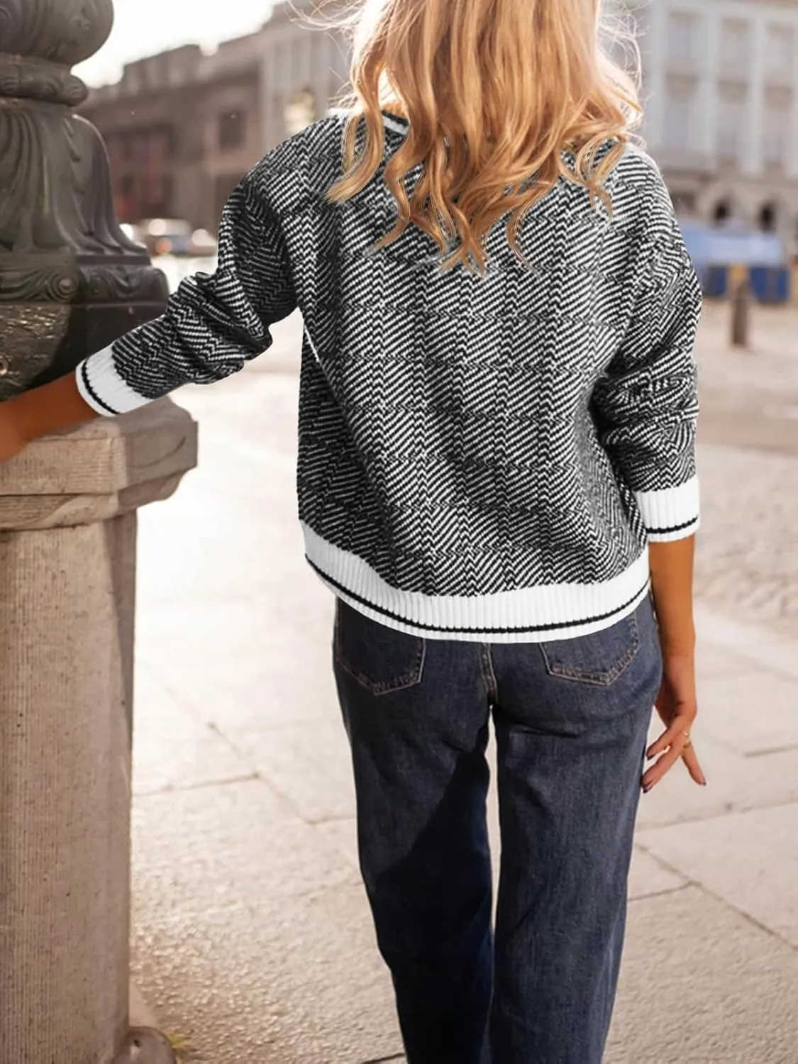 Saodimallsu Womens Fall Sweaters Tops Lapel V Neck Knit Sweater Color Block Long Sleeve Casual Soft Pullover Shirt