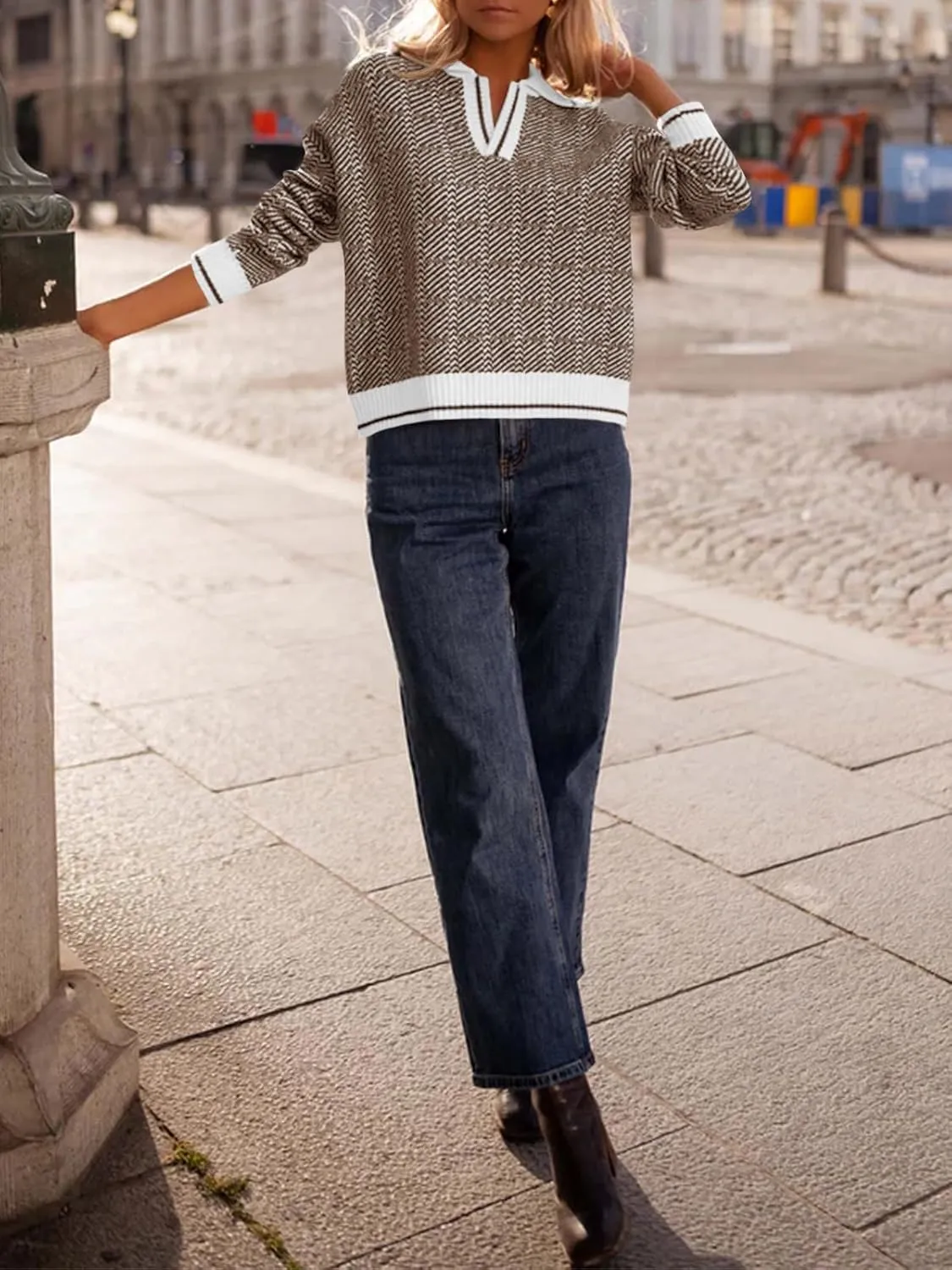 Saodimallsu Womens Fall Sweaters Tops Lapel V Neck Knit Sweater Color Block Long Sleeve Casual Soft Pullover Shirt