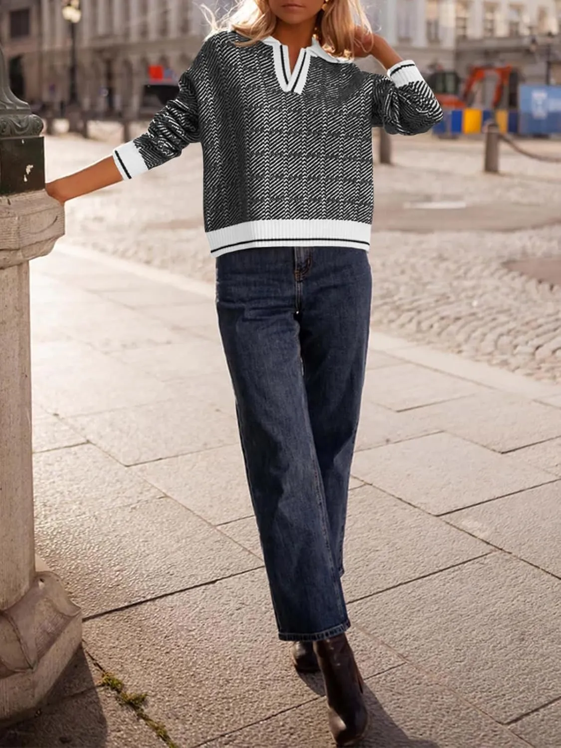 Saodimallsu Womens Fall Sweaters Tops Lapel V Neck Knit Sweater Color Block Long Sleeve Casual Soft Pullover Shirt