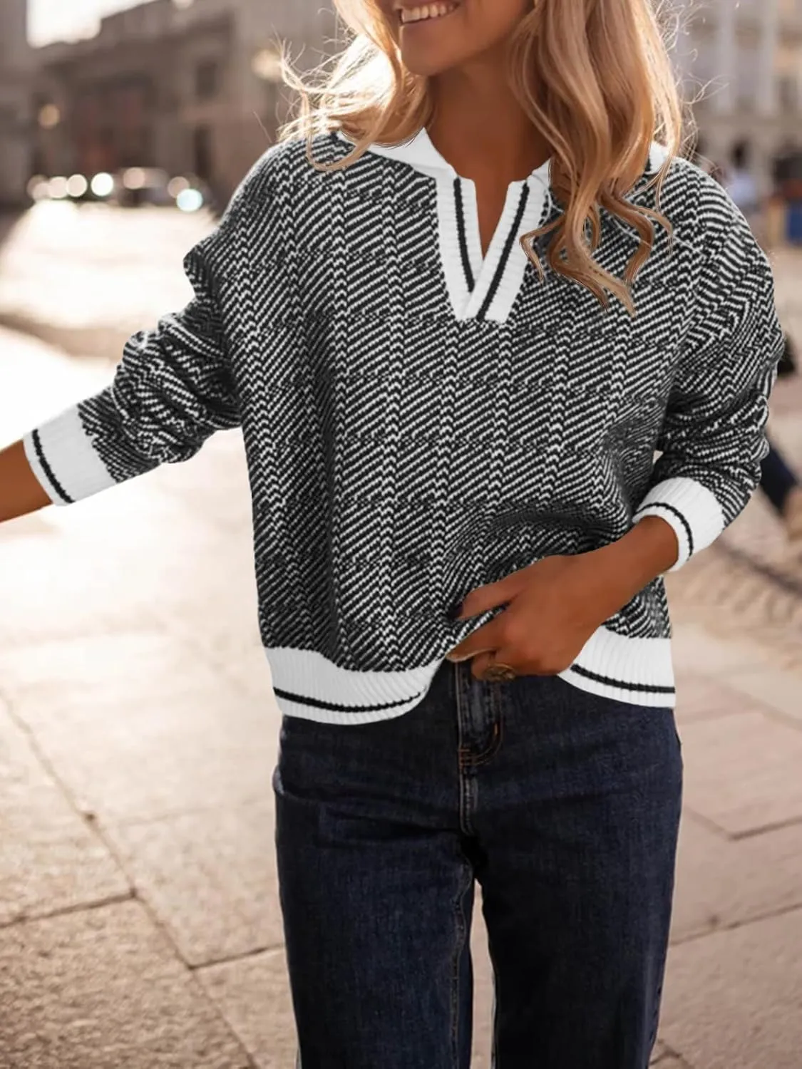 Saodimallsu Womens Fall Sweaters Tops Lapel V Neck Knit Sweater Color Block Long Sleeve Casual Soft Pullover Shirt