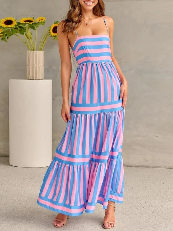 Sastianaen Women Y2k Boho Maxi Dress Striped Print Cami Long Dress Summer Holiday Beach Smocked Sundress