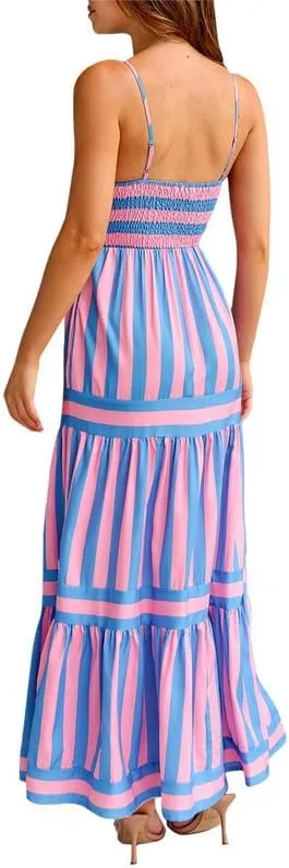 Sastianaen Women Y2k Boho Maxi Dress Striped Print Cami Long Dress Summer Holiday Beach Smocked Sundress