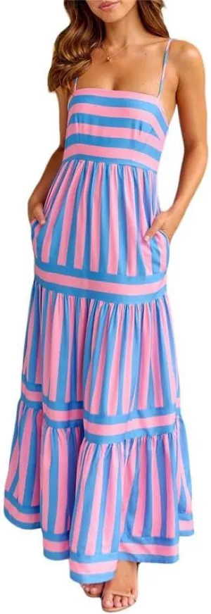 Sastianaen Women Y2k Boho Maxi Dress Striped Print Cami Long Dress Summer Holiday Beach Smocked Sundress