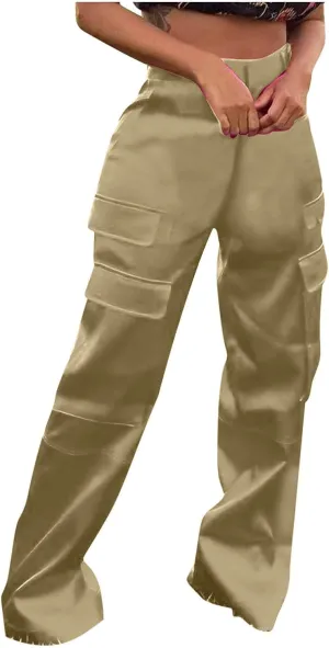 Satin Cargo Pants for Women High Waist Multiple Pockets Straight Wide Leg Trouser Casual Outdoor Flowy Palazzo Pants