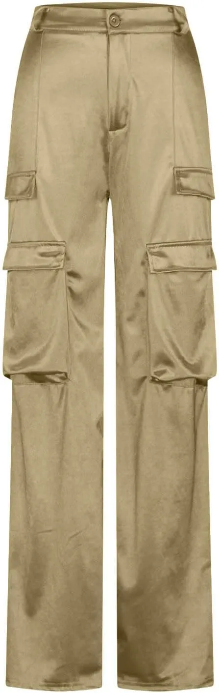 Satin Cargo Pants for Women High Waist Multiple Pockets Straight Wide Leg Trouser Casual Outdoor Flowy Palazzo Pants