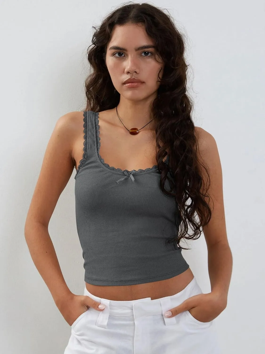 Sexy Lace Trim Tank Vest Tops for Women Sleeveless Camisole Y2K Spaghetti Strap Cropped Slim Fit Basic Cami Shirts