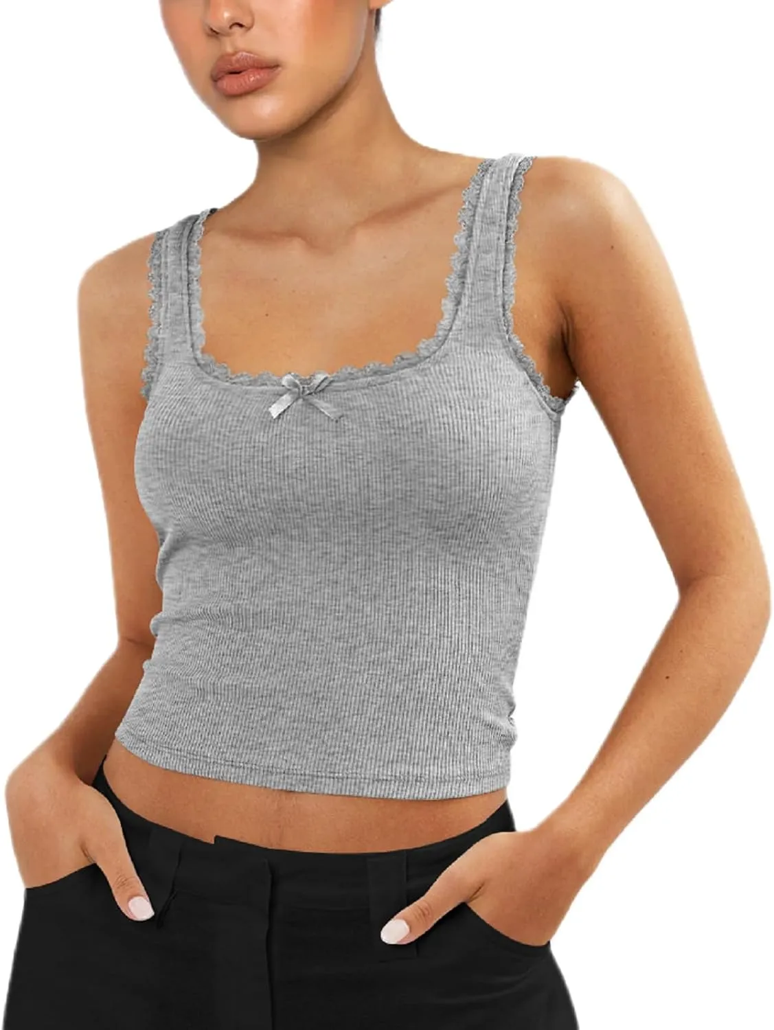 Sexy Lace Trim Tank Vest Tops for Women Sleeveless Camisole Y2K Spaghetti Strap Cropped Slim Fit Basic Cami Shirts