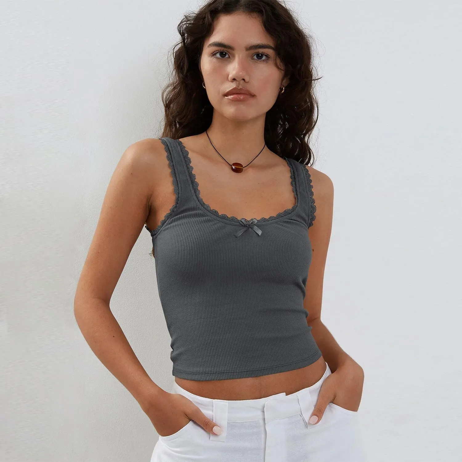 Sexy Lace Trim Tank Vest Tops for Women Sleeveless Camisole Y2K Spaghetti Strap Cropped Slim Fit Basic Cami Shirts
