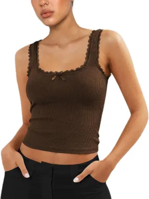 Sexy Lace Trim Tank Vest Tops for Women Sleeveless Camisole Y2K Spaghetti Strap Cropped Slim Fit Basic Cami Shirts