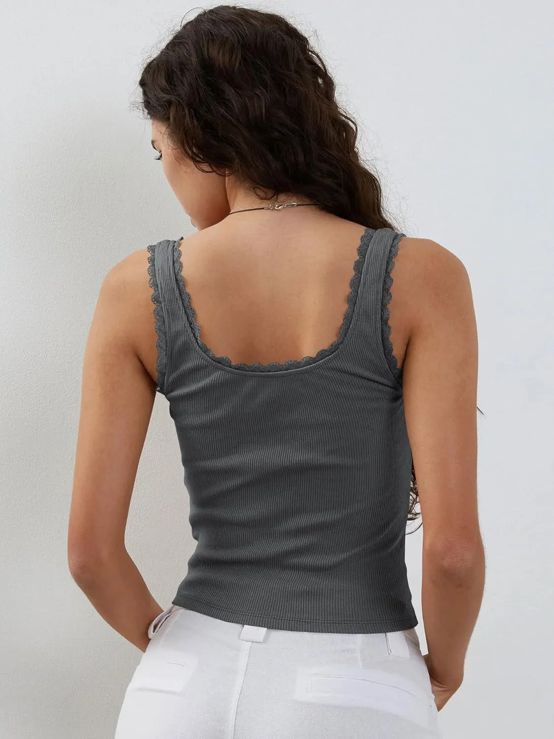 Sexy Lace Trim Tank Vest Tops for Women Sleeveless Camisole Y2K Spaghetti Strap Cropped Slim Fit Basic Cami Shirts
