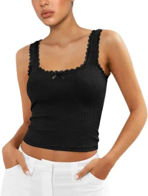 Sexy Lace Trim Tank Vest Tops for Women Sleeveless Camisole Y2K Spaghetti Strap Cropped Slim Fit Basic Cami Shirts