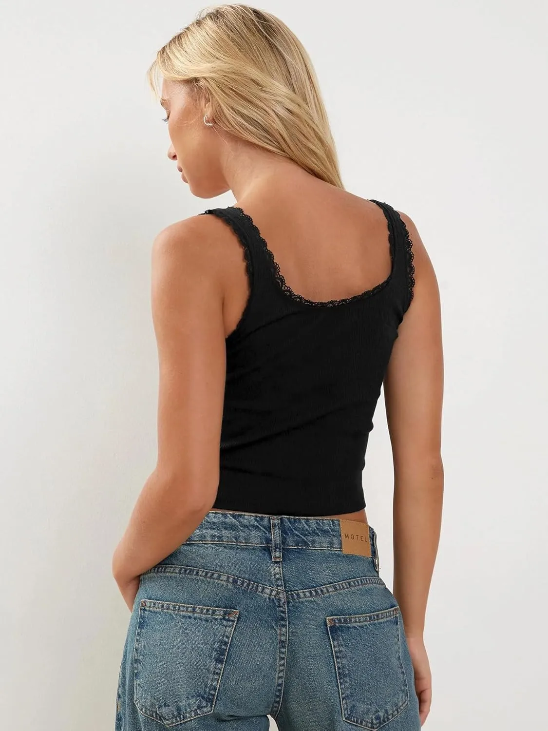 Sexy Lace Trim Tank Vest Tops for Women Sleeveless Camisole Y2K Spaghetti Strap Cropped Slim Fit Basic Cami Shirts