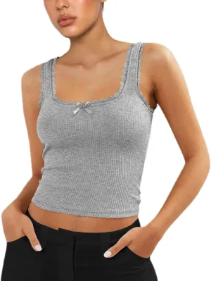 Sexy Lace Trim Tank Vest Tops for Women Sleeveless Camisole Y2K Spaghetti Strap Cropped Slim Fit Basic Cami Shirts