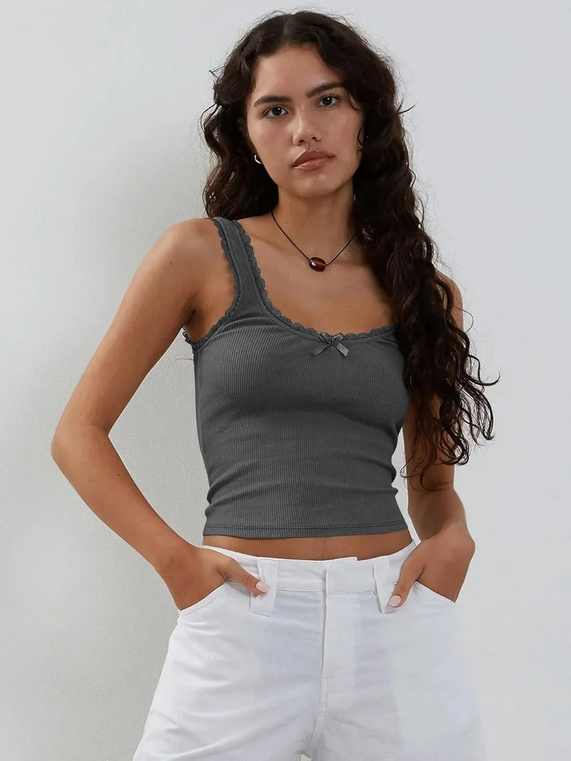 Sexy Lace Trim Tank Vest Tops for Women Sleeveless Camisole Y2K Spaghetti Strap Cropped Slim Fit Basic Cami Shirts