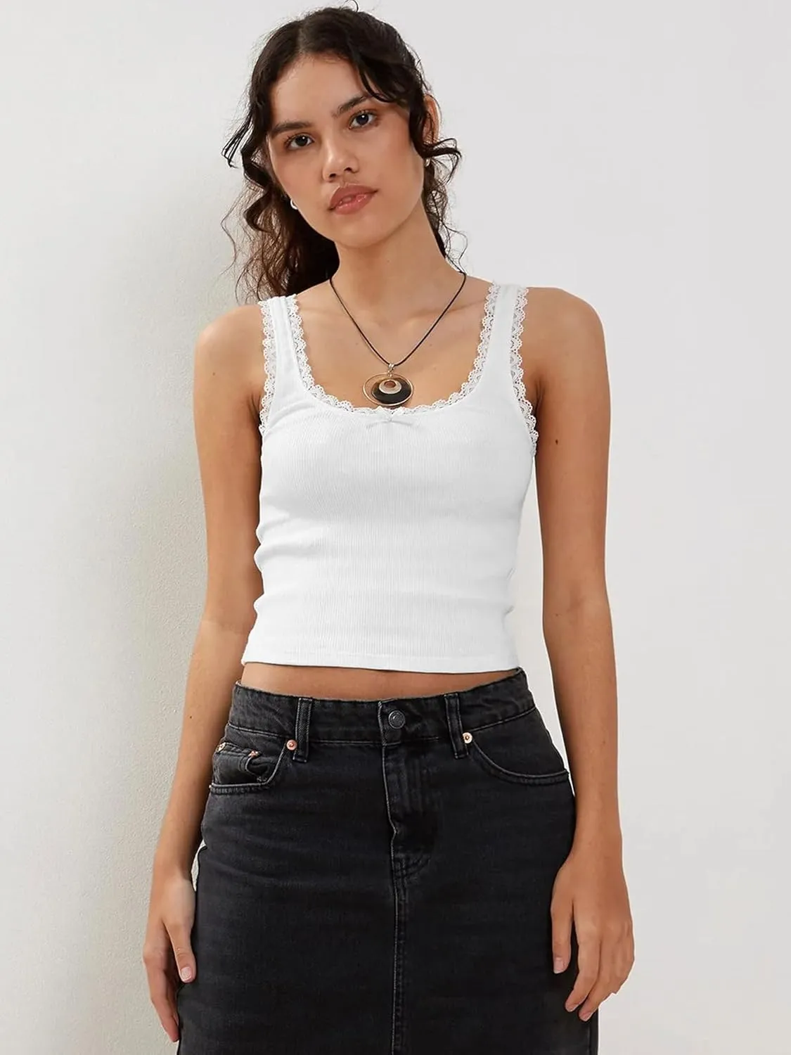 Sexy Lace Trim Tank Vest Tops for Women Sleeveless Camisole Y2K Spaghetti Strap Cropped Slim Fit Basic Cami Shirts