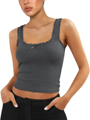 Sexy Lace Trim Tank Vest Tops for Women Sleeveless Camisole Y2K Spaghetti Strap Cropped Slim Fit Basic Cami Shirts