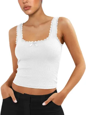 Sexy Lace Trim Tank Vest Tops for Women Sleeveless Camisole Y2K Spaghetti Strap Cropped Slim Fit Basic Cami Shirts