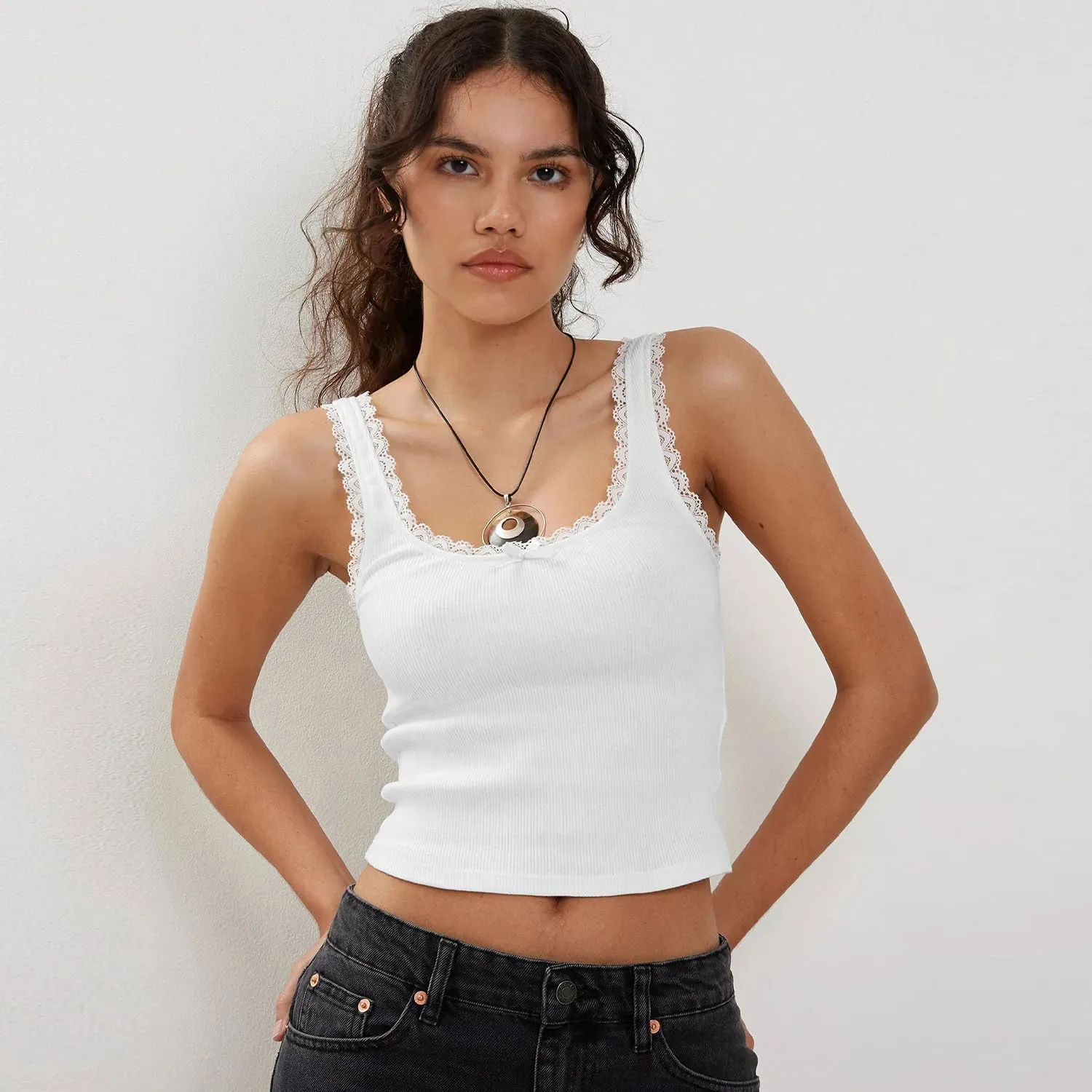 Sexy Lace Trim Tank Vest Tops for Women Sleeveless Camisole Y2K Spaghetti Strap Cropped Slim Fit Basic Cami Shirts