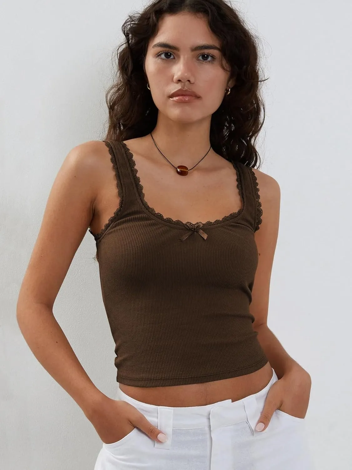 Sexy Lace Trim Tank Vest Tops for Women Sleeveless Camisole Y2K Spaghetti Strap Cropped Slim Fit Basic Cami Shirts