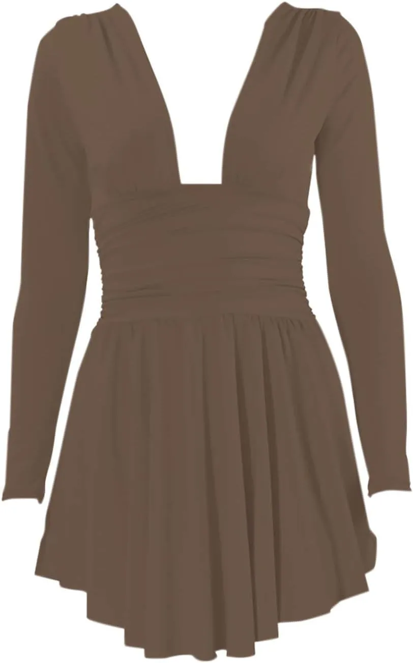Sexy Night Out Wrap Waist Mini Dress Women Long Sleeve Deep V Neck Swing A Line Bodycon Ruffle Dresses for Club Party