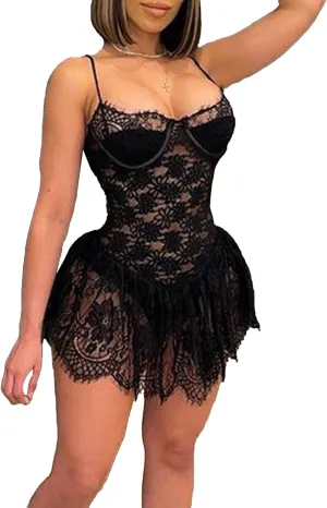 Sexyshine Women's Floral Lace See Through Ruffle Mini Dress Spaghetti Strap Mesh Sheer Lingerie Bustier Bodysuit Dress
