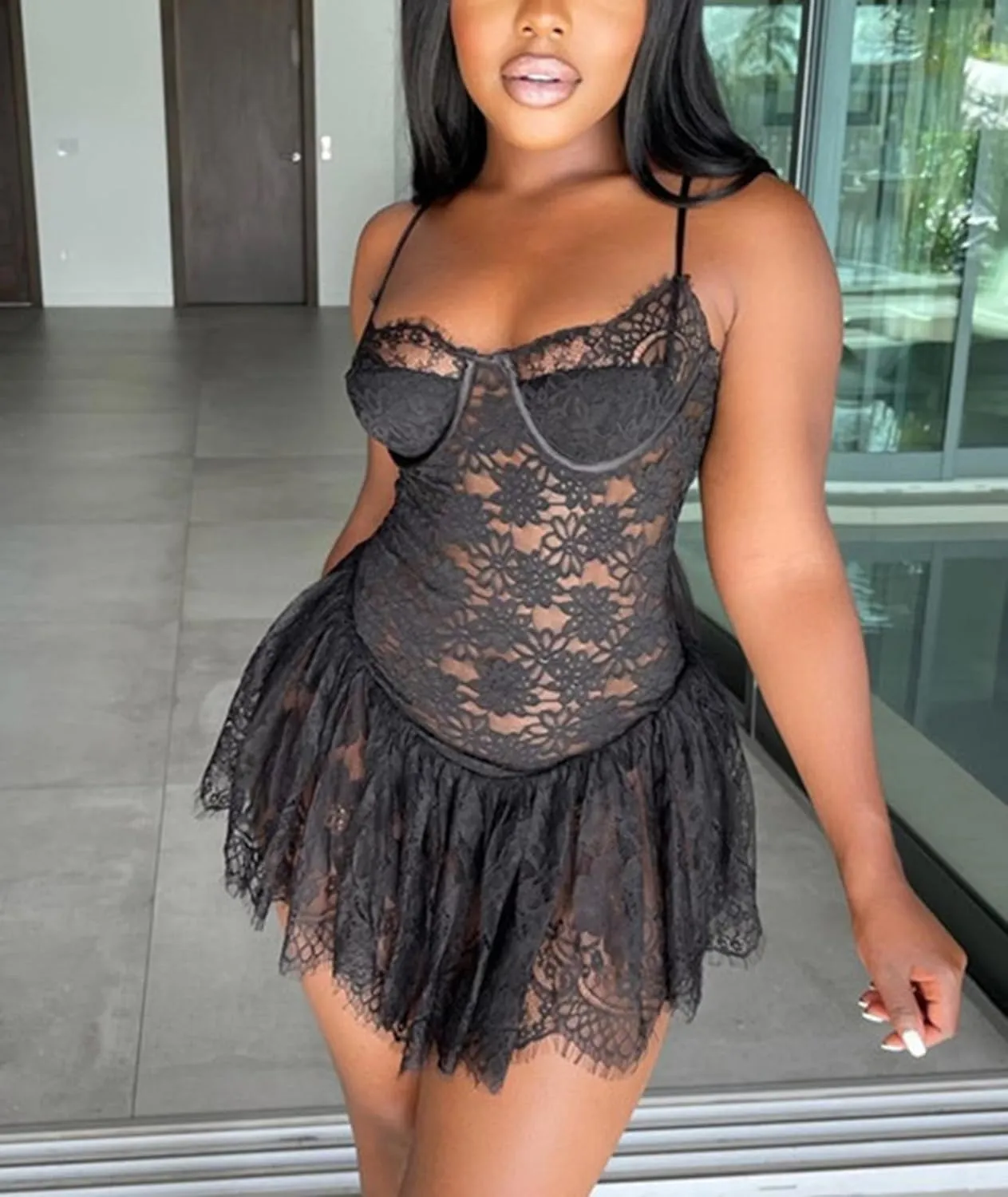 Sexyshine Women's Floral Lace See Through Ruffle Mini Dress Spaghetti Strap Mesh Sheer Lingerie Bustier Bodysuit Dress