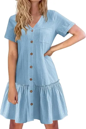 Short Sleeve Button Down Midi Dress for Women Summer V Neck A Line Beach Casual Dresses Mini T Shirt Ruffle Sundress