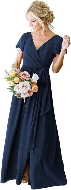 Short Sleeve Navy Blue Bridesmaid Dresses Long for Women with Pockets Chiffon Pleated Formal Evening Dresses Size 16